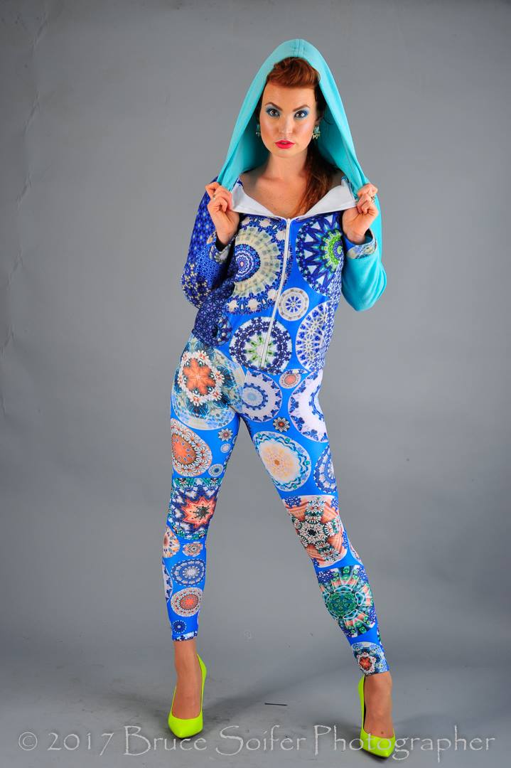 Emily rocked my head-to-toe Chain of Events look! The hoodie was created with my Snowflake Sampler in fleece combined with sparkly teal store-bought fabric. The leggings are my limited edition Chain of Events pattern. 