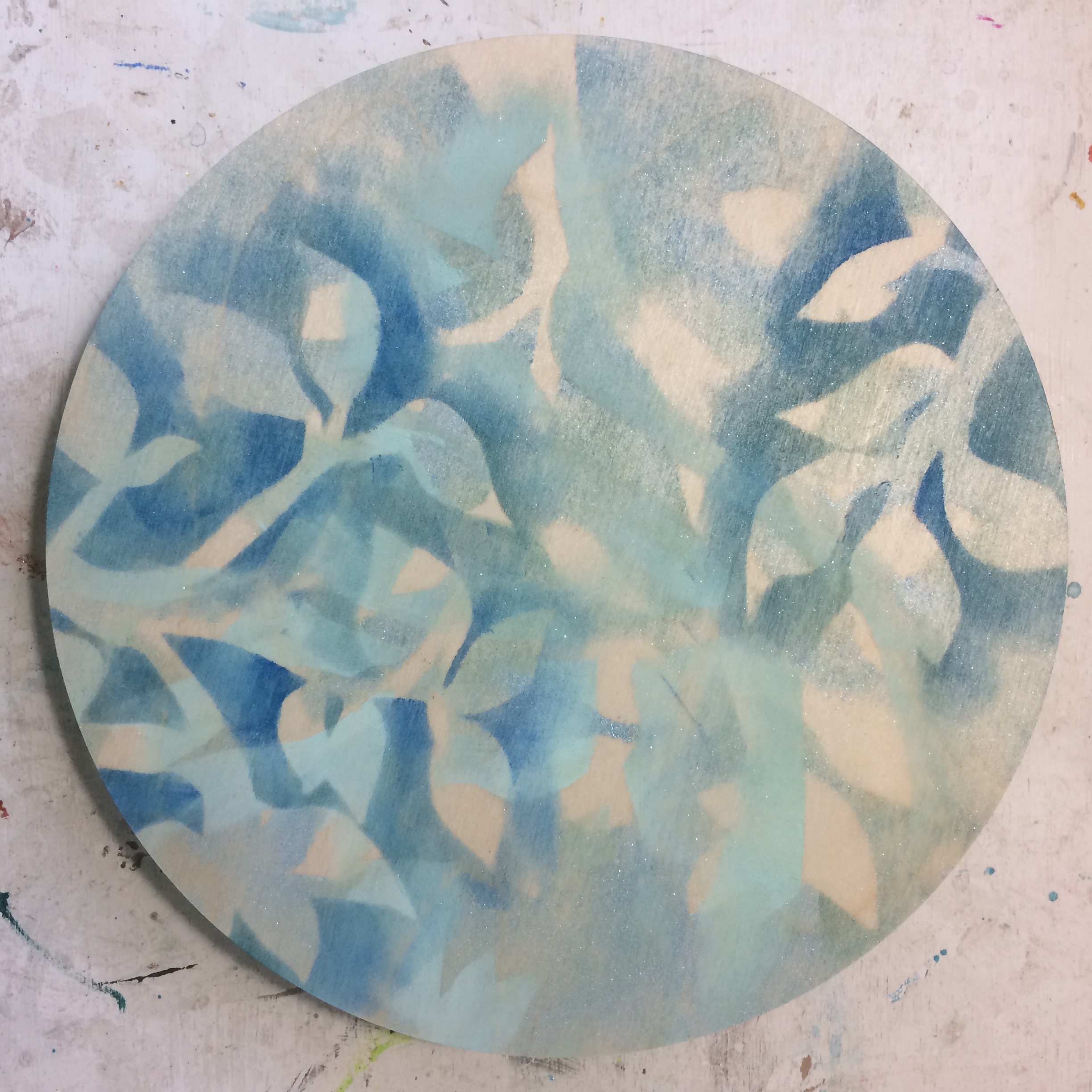 (K) Start. Pan pastels with leaf stencil. 