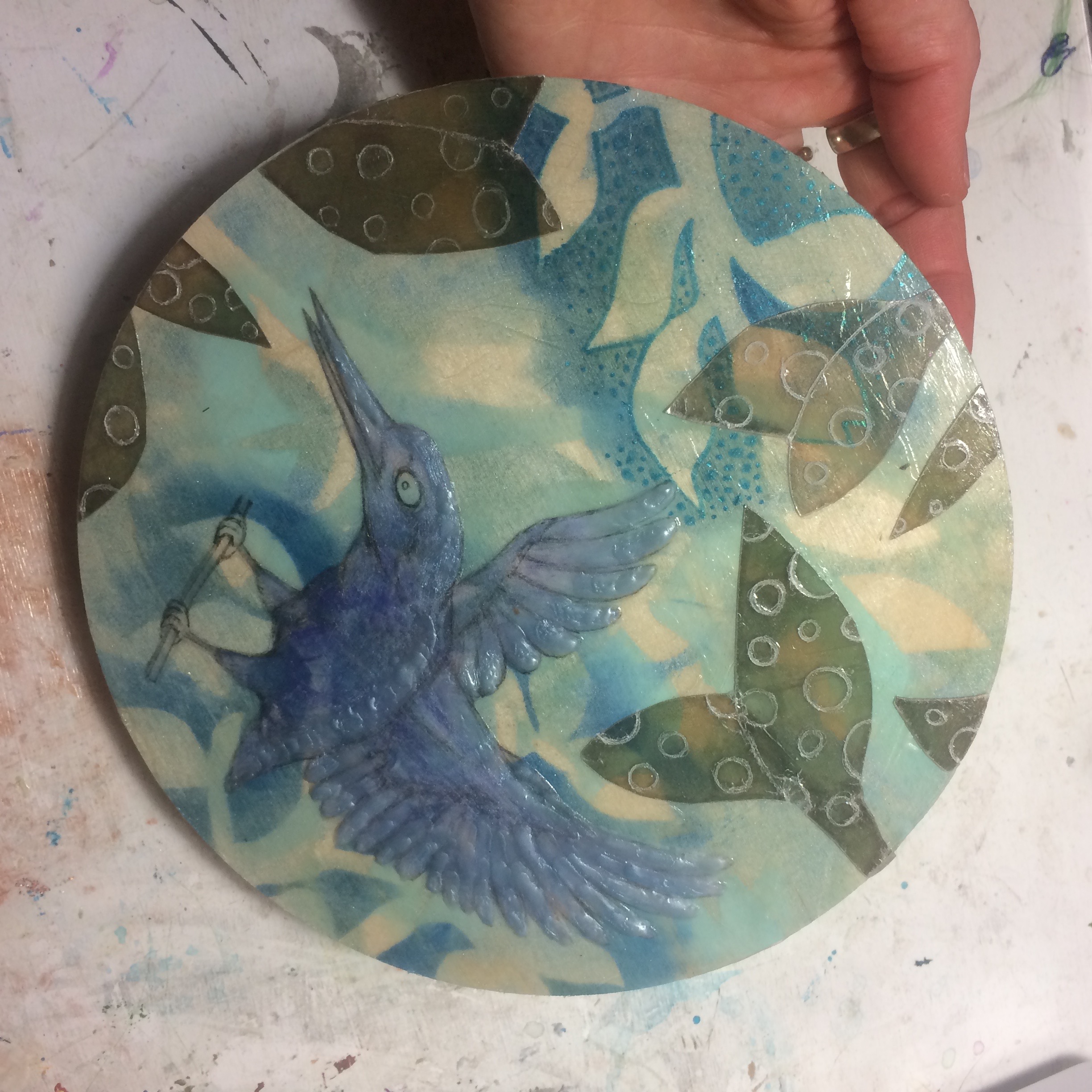(K) Etched circles into mica, wax texture and pan pastels onto bird. 