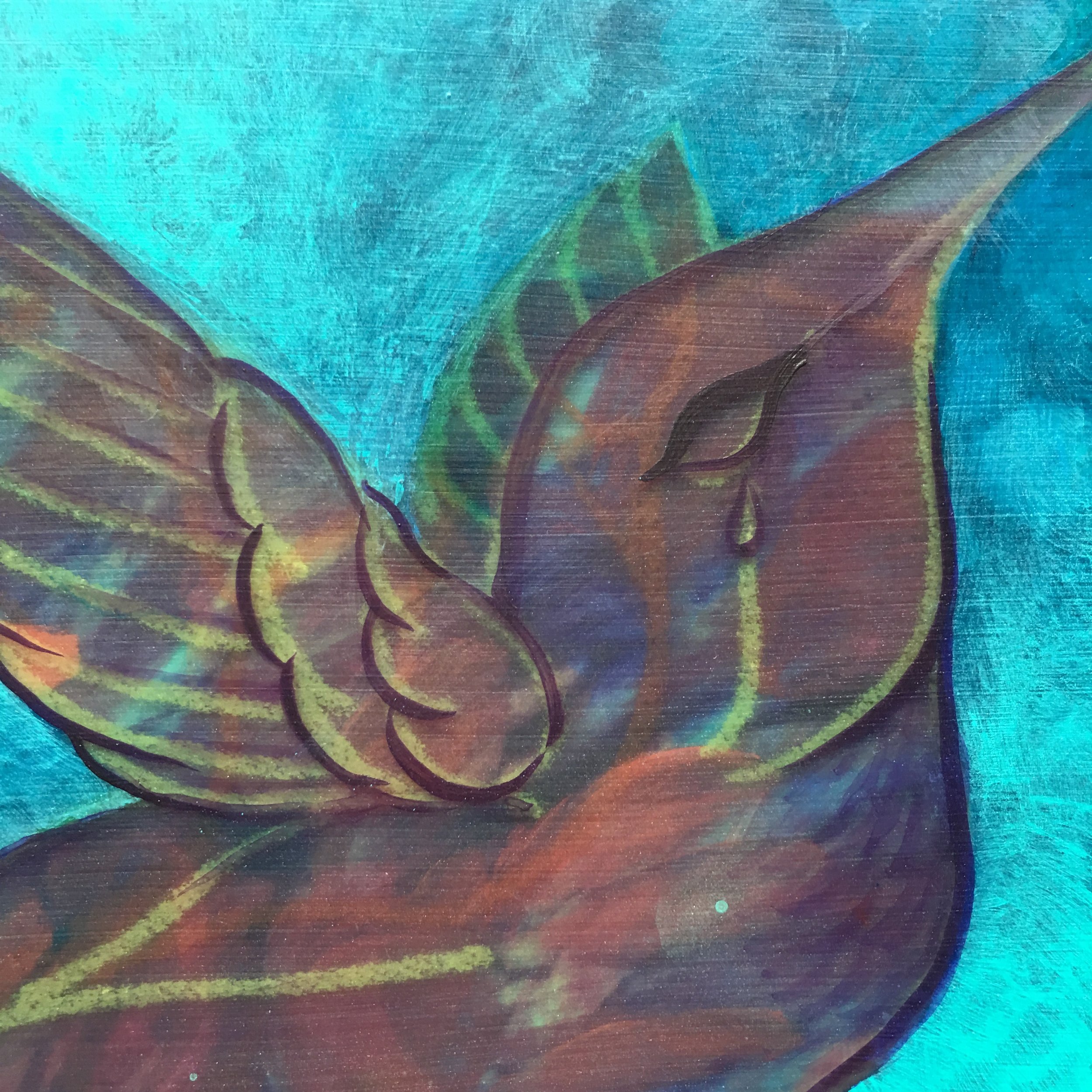 Detail of upper bird. Adding linework over the transferred image. 