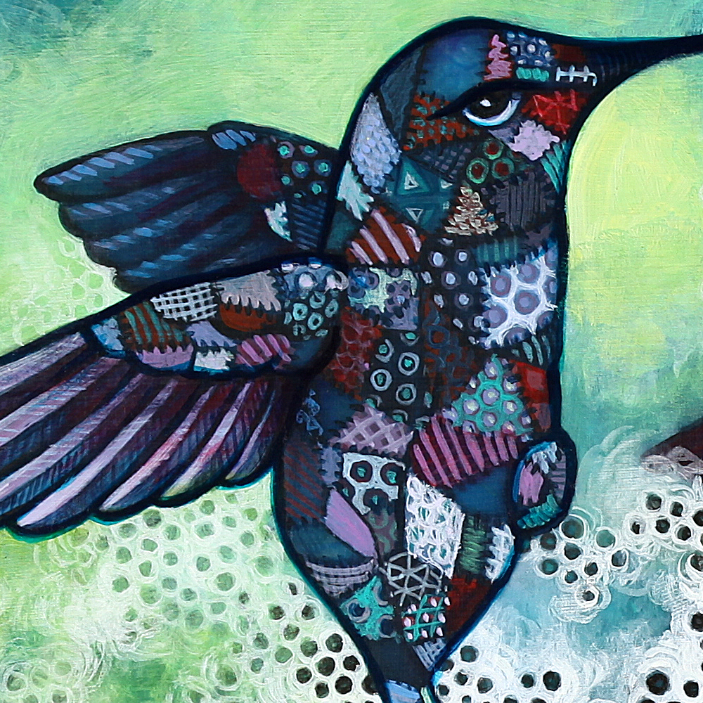 Detail of final upper left bird with crazy quilting. 