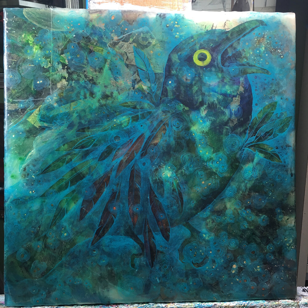 I began working back into that surface with an opaque teal. 