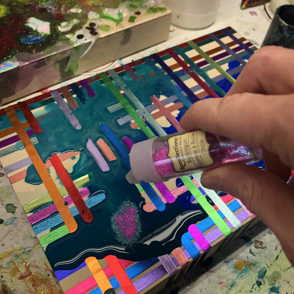 Washi tap with paint puddle and glitter