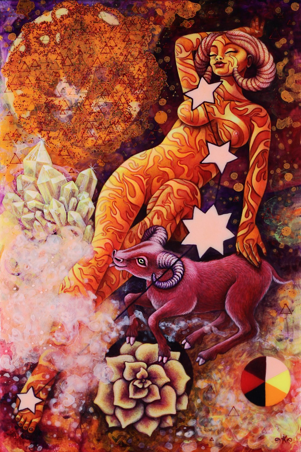    Aries   : Acrylic, washi, iridescent foils, glitter and pouring medium on panel : 12" x 18" : 2023  Prints Available   Stickers Available   Magnets   Postcard Sets   