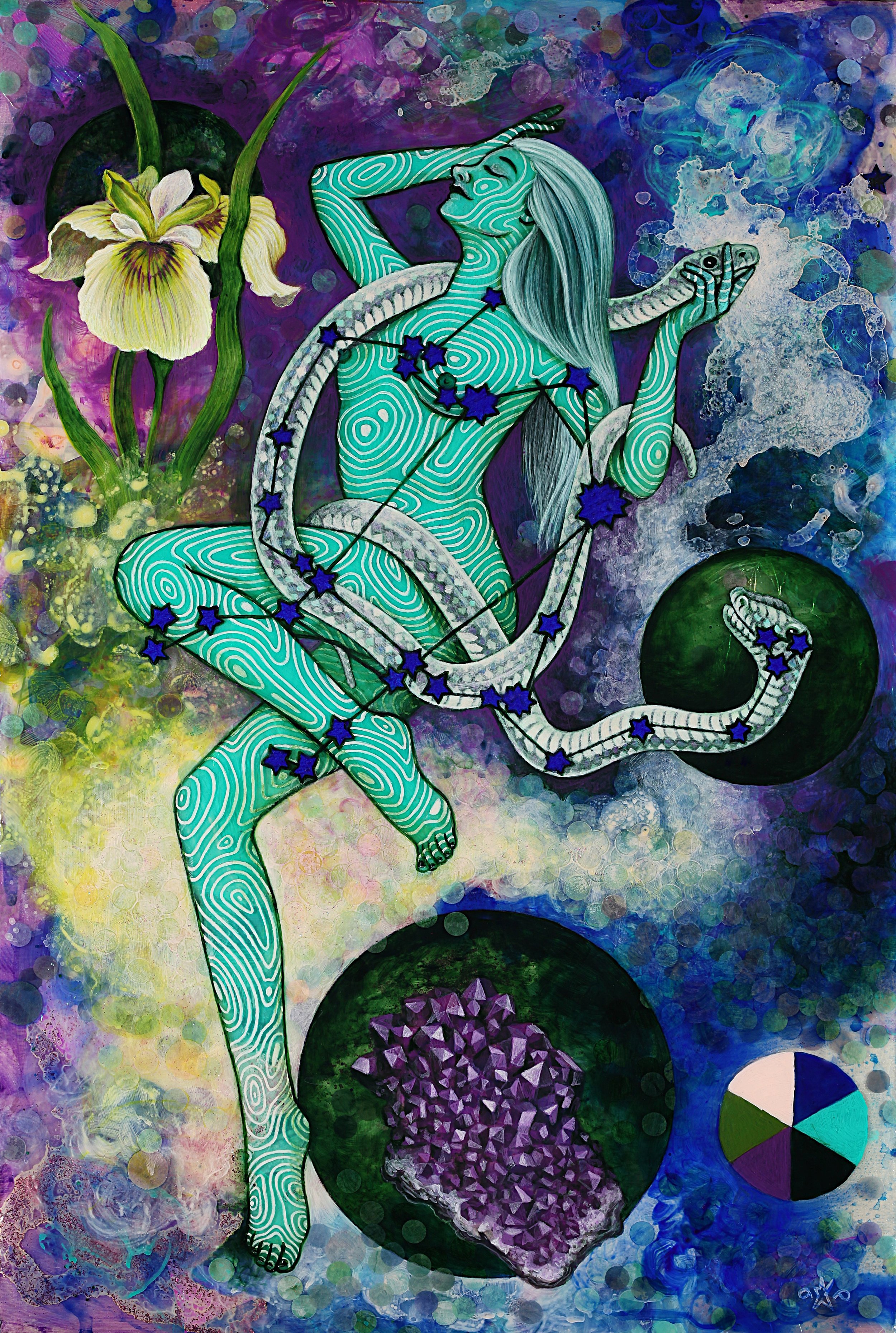    Ophiuchus   : Acrylic, washi, iridescent foils, glitter and pouring medium on panel : 12" x 18" : 2023  Prints Available   Stickers Available   Postcard Set   