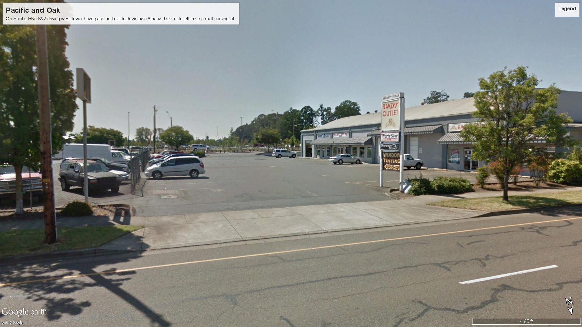 Pacific Blvd. SE right before Oak street light heading west. Tree lot to the left in Parking lot of Nancy's Party Rental.