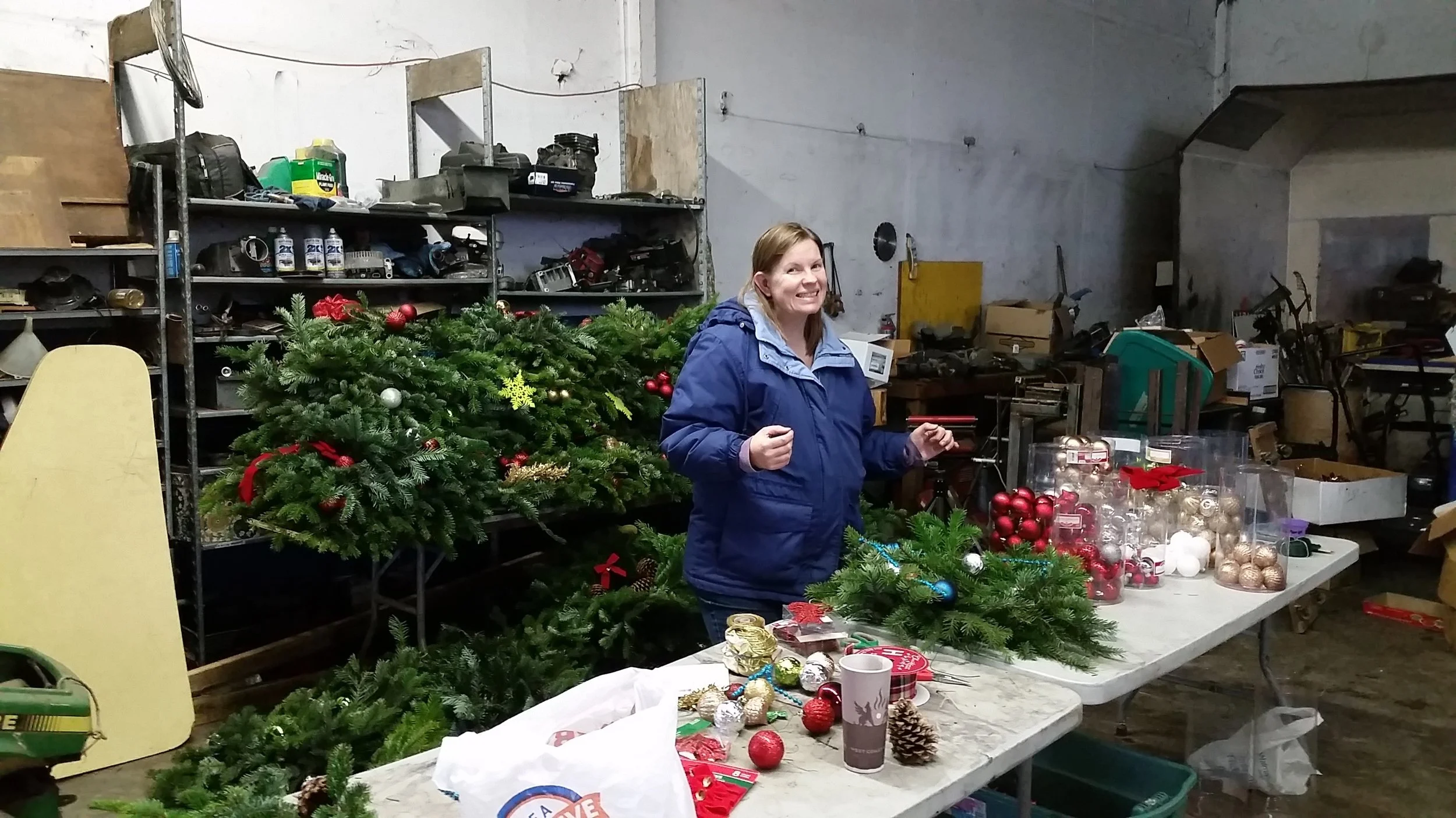 Christmas Wreaths being constructed by Volunteers at Albany Mennonite Church.