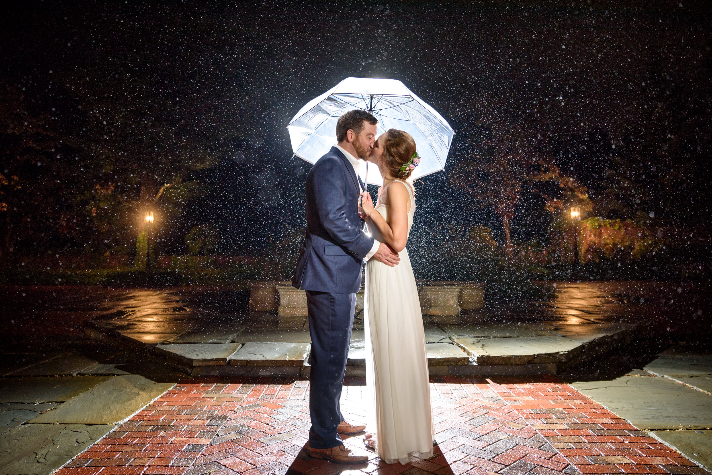 Night wedding portrait of bride and groom in the rain in Bucks County 