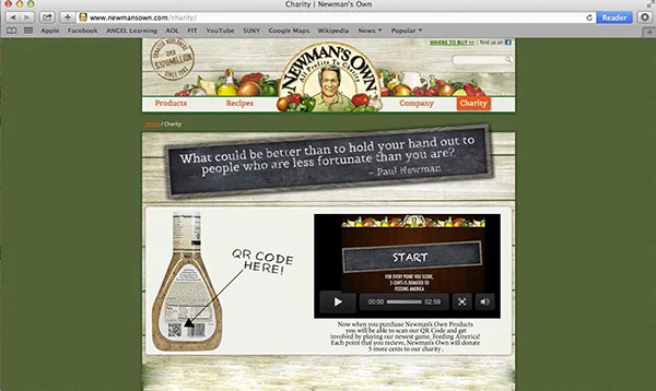  Consumers would scan the QR code located on the back of their Newman's Own bottle, which would lead them to this website. 
