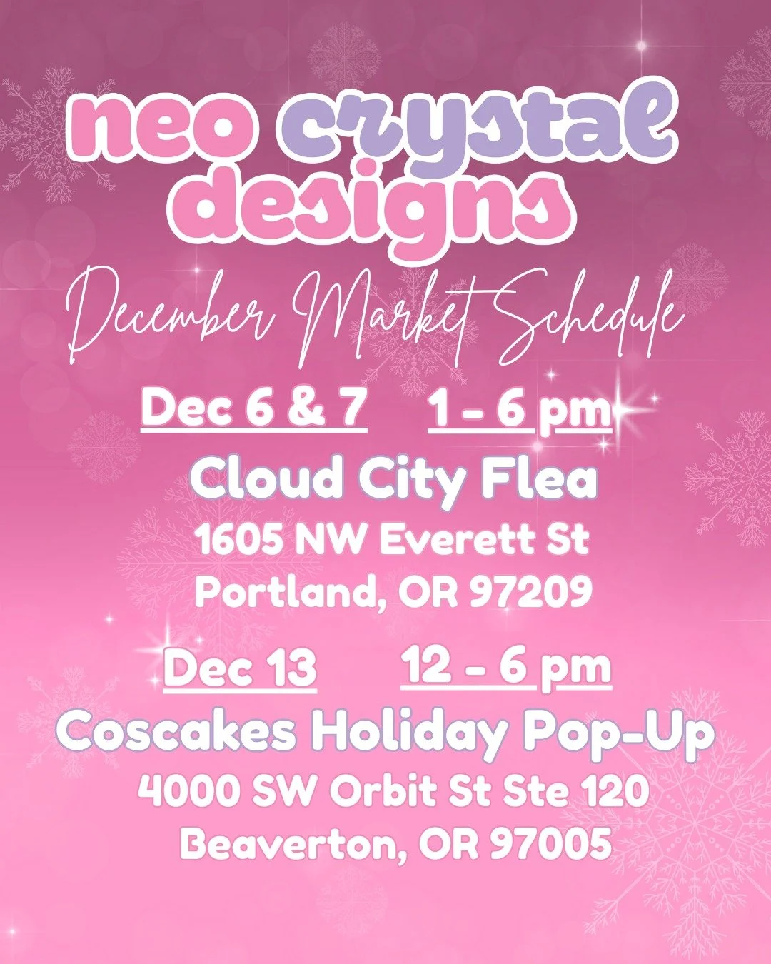 Two events this December! First, I'll be at Cloud City Flea again next weekend. Then, I'll be at a small 1-day popup at Coscakes bakery. I hope to see you all soon!