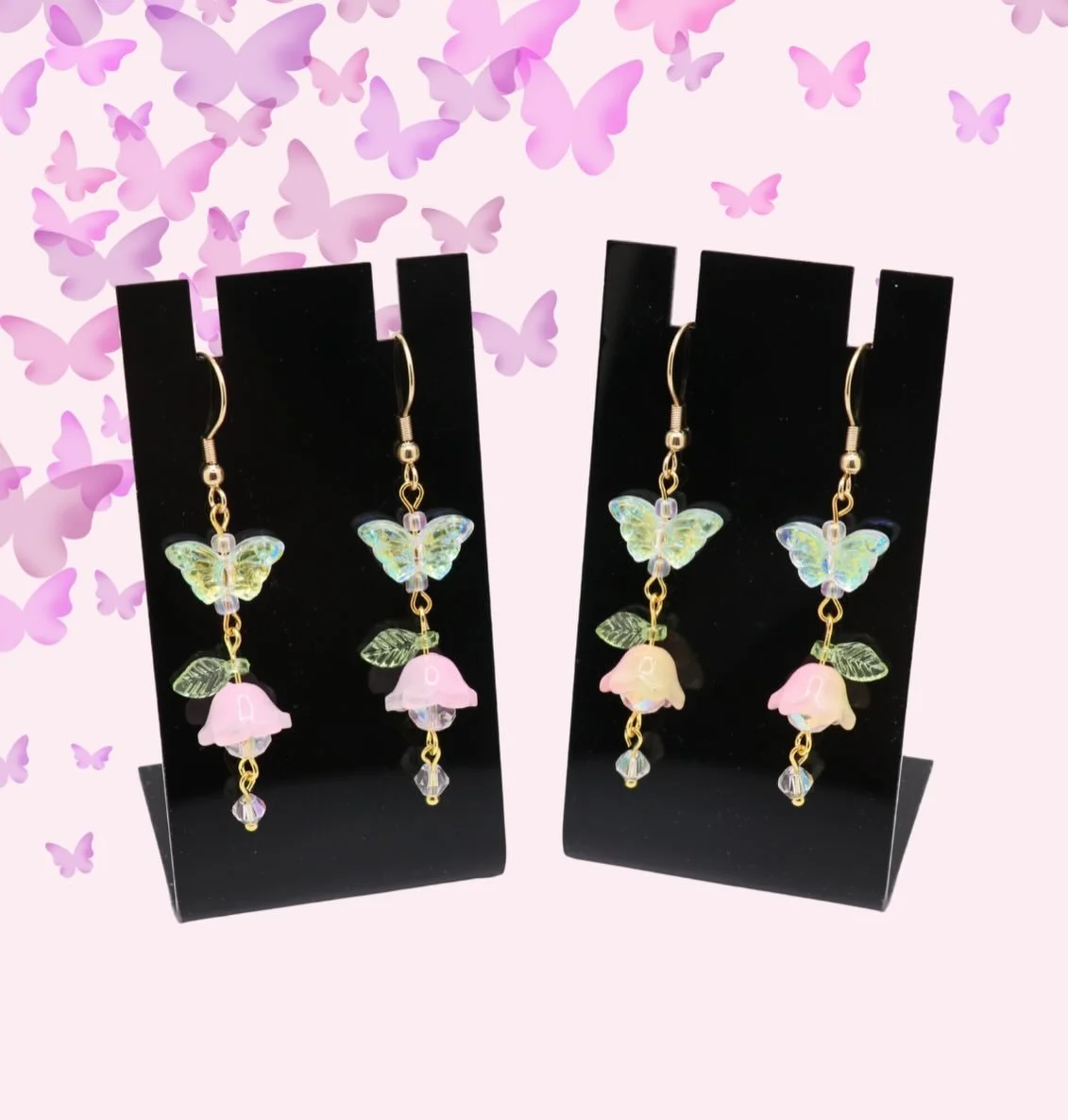 Just landed in the shop! I have one of each pair shown, featuring iridescent glass butterflies and dangling flowers 🧚🏻&zwj;♀️