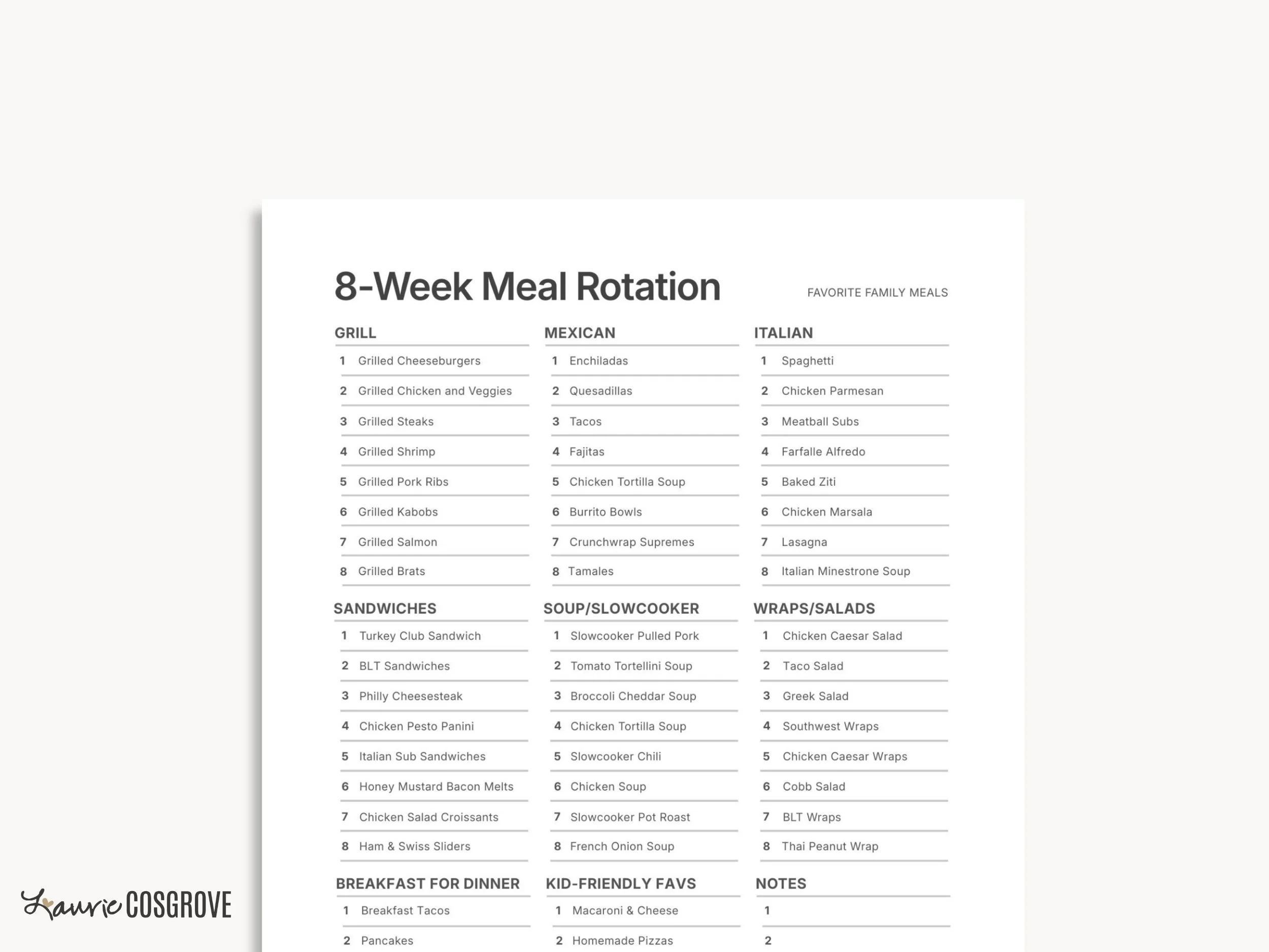 Meal Planner Printable - 8-Week Menu Rotation Template