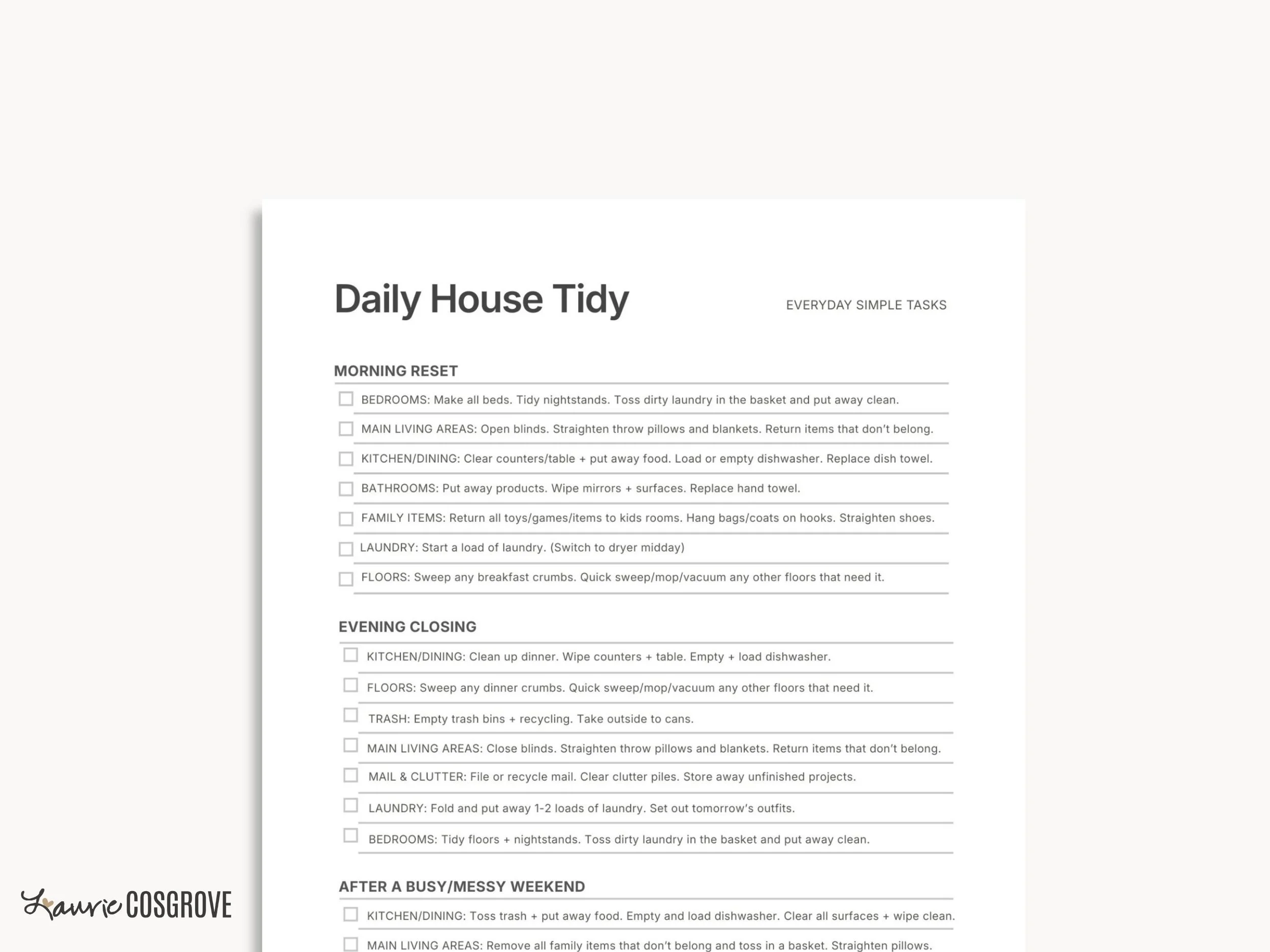 Daily Cleaning Checklist (Detailed ADHD Version)