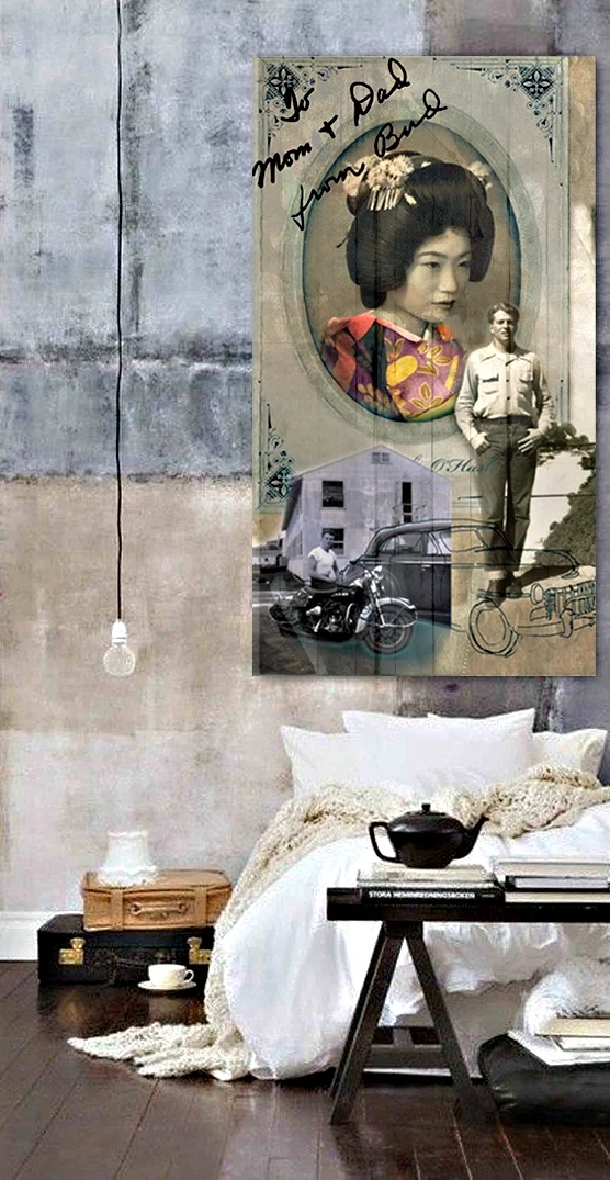 MY FATHER IN JAPAN Poster collage of photography from my father’s Air Force experience while stationed in Japan during the Korean War. A page from the life story of my father by his daughter. Creative direction, art direction, and design by E. Genevieve Williams using my father’s photography and my illustration and collage.