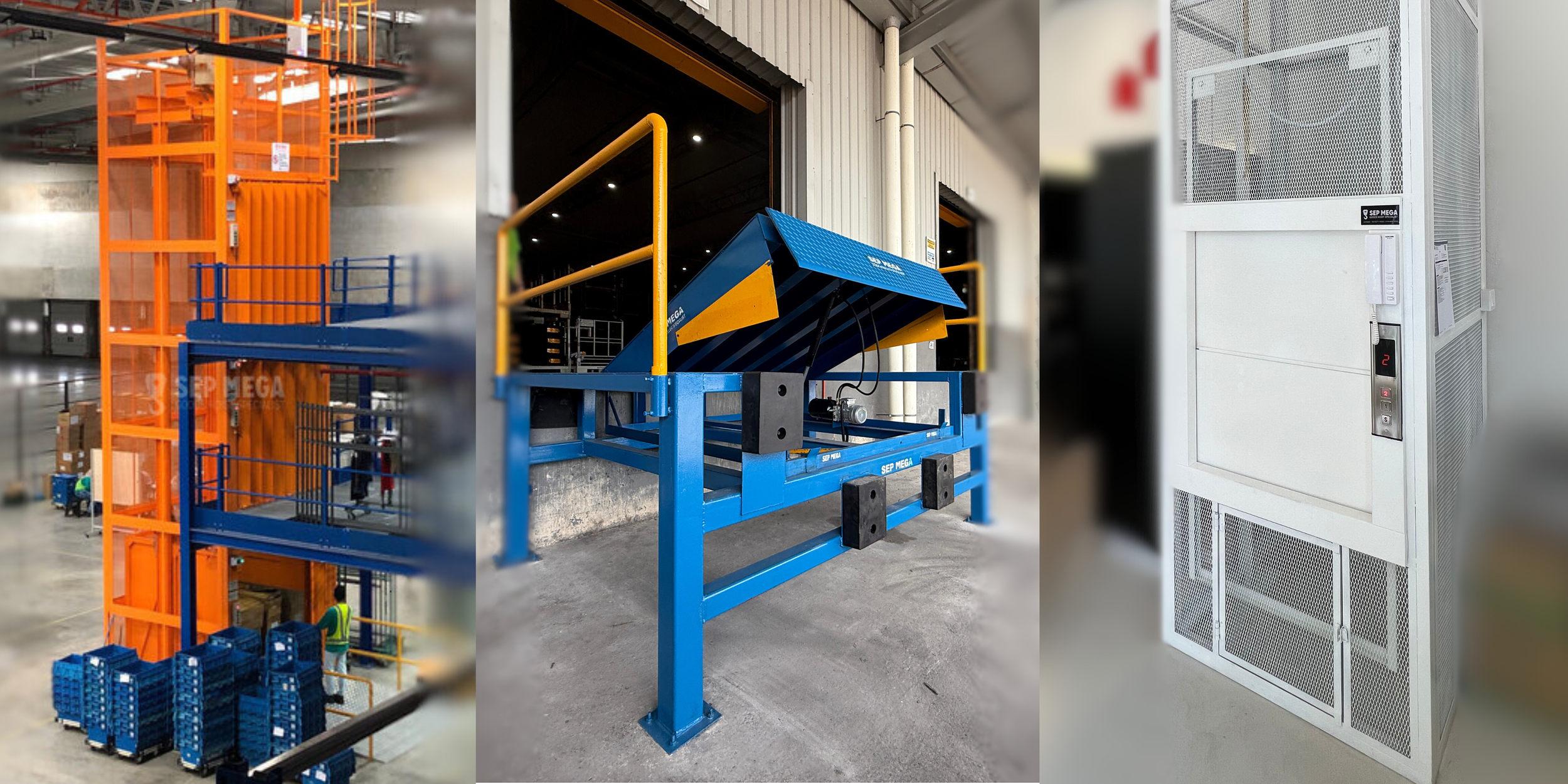 Three different industrial safety and automation equipment images. The first shows an orange and blue vertically-assembled automated storage system with racking and stacked blue crates in a warehouse. The second depicts a blue and yellow machine with a sloped protective cover and a motor, used for material handling, situated outside a warehouse with a black open door. The third is a white industrial air filtration or ventilation system with a control panel and ventilation grates.