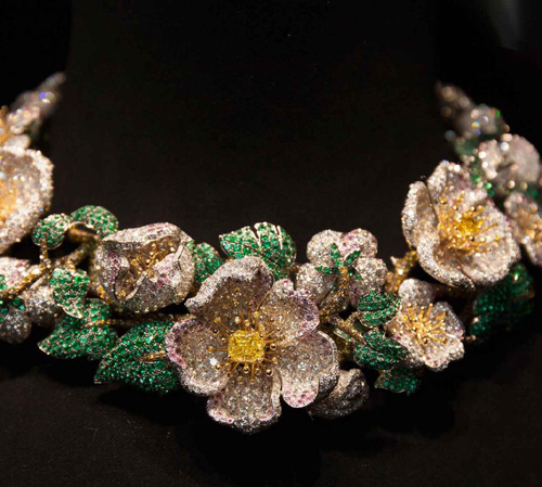 'Simonetta' necklace in multi coloured diamonds and emeralds.