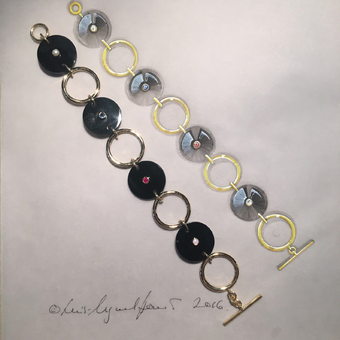 Gold and onyx bracelet by Luis Miguel Howard; each of the coloured stones is the birthstone of the recipient's grandchildren.