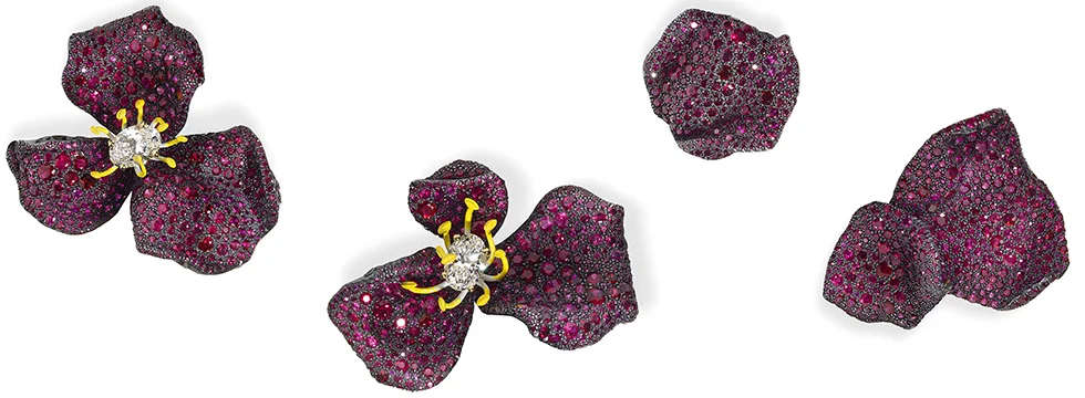 Asymmetric Beauty: Rose petal earrings in ruby and diamonds by Cindy Chao.