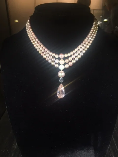 Restrained flamboyance: Cartier pink and blue diamond necklace.