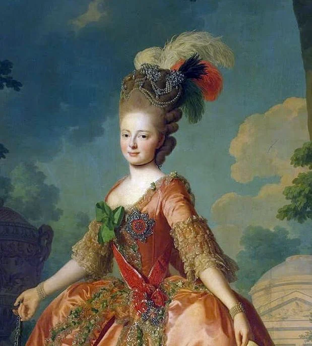 The Grand Duchess Maria Fedorovna in the 1780s. She wears an aigrette at the top of her hairstyle, which was inappropriate for a tiara.