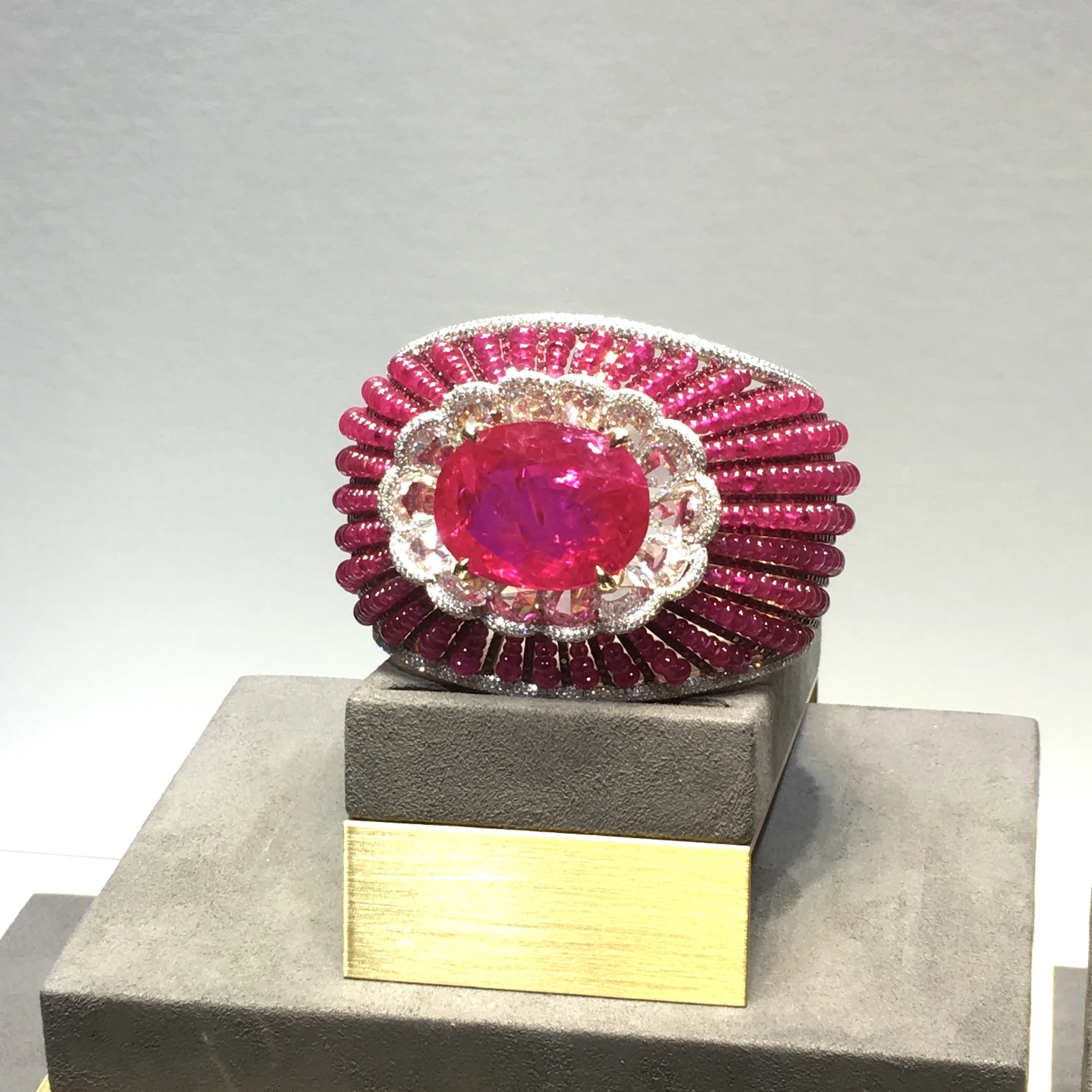 A magnificent ruby and diamond cuff by Chatila , featuring a Burmese ruby of over 65 carats.