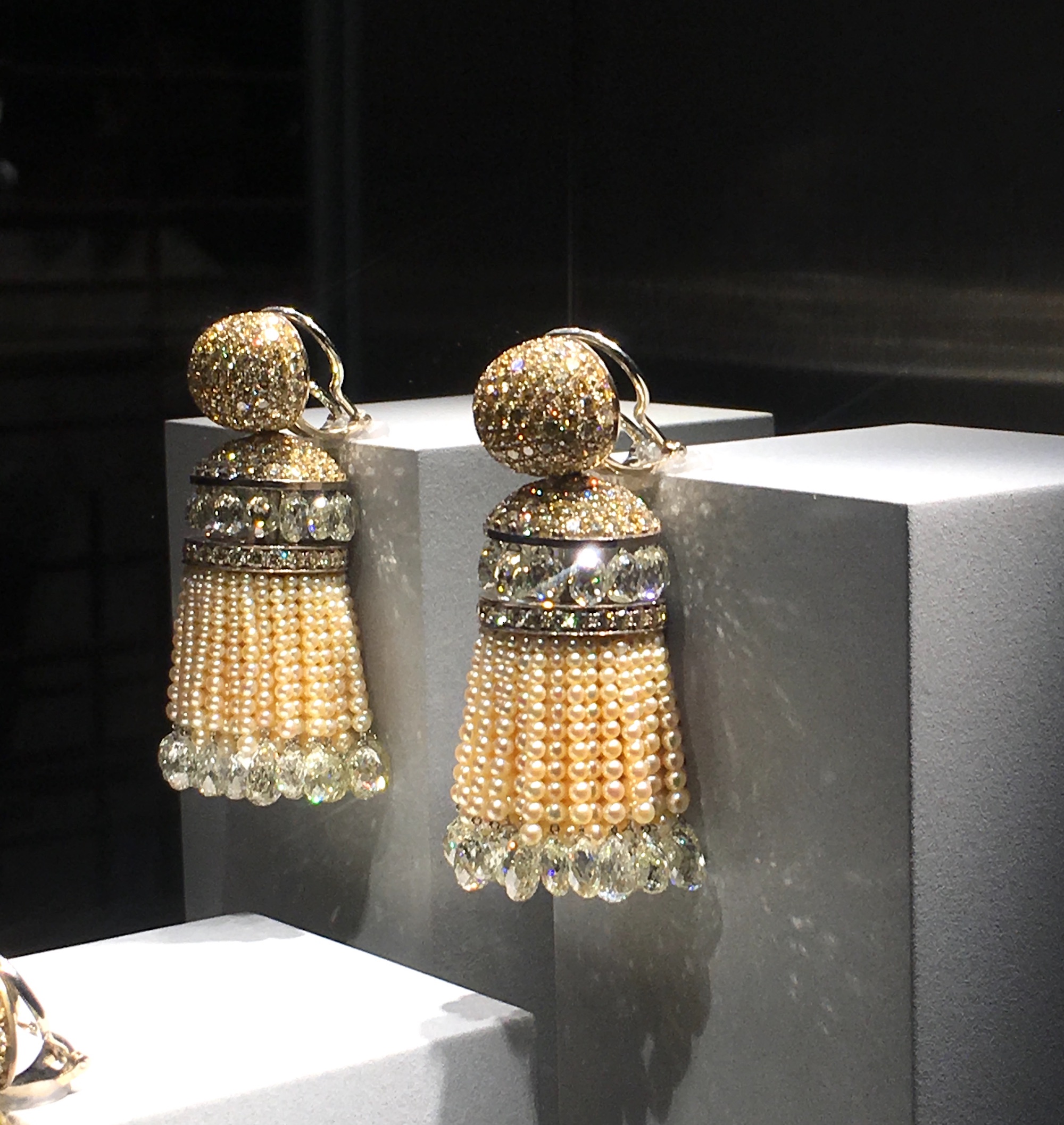 A pair of Indian style tassel earrings in pearls and diamonds by Hemmerle.