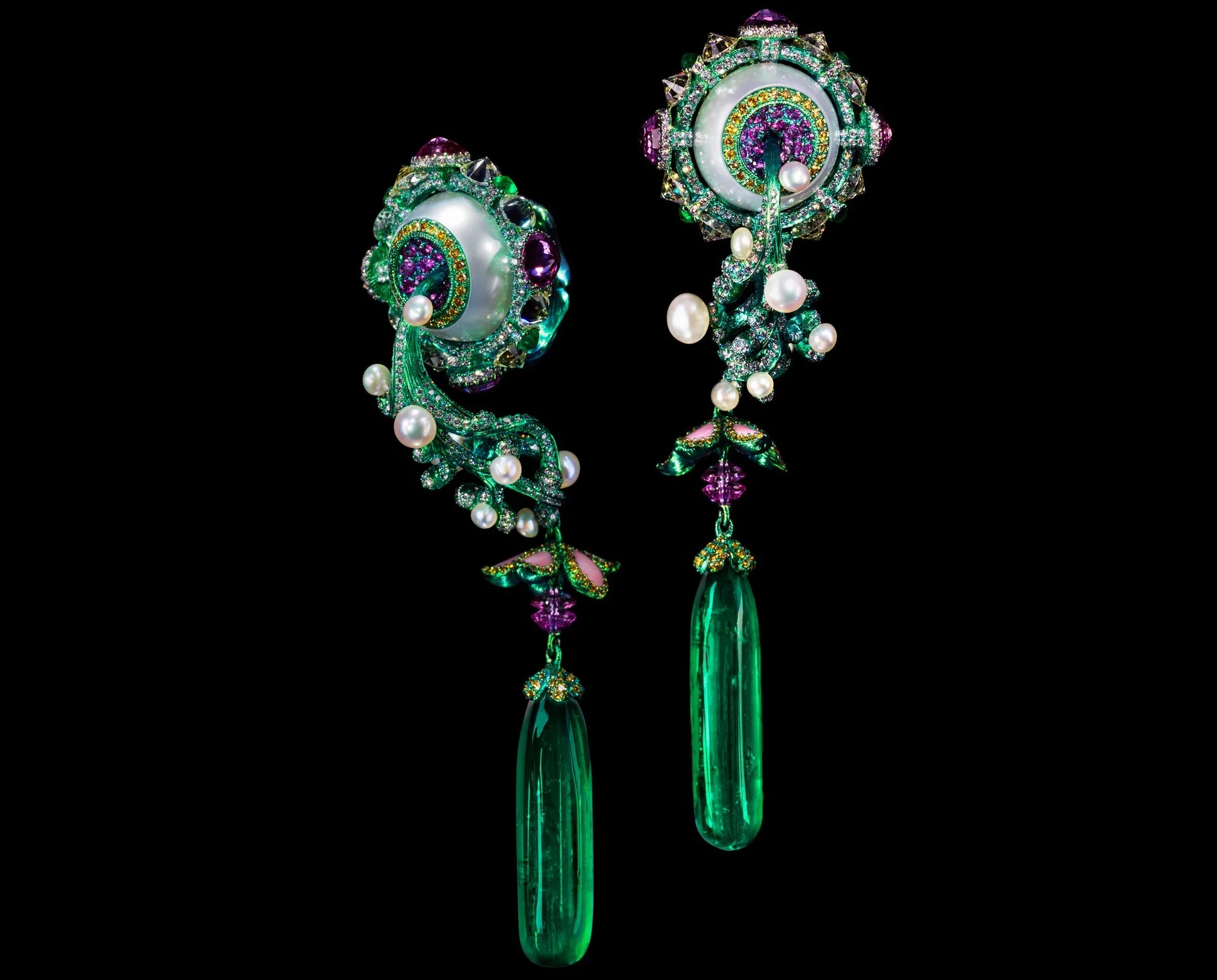 A pair of emerald, coloured diamond and conch pearl earrings by Wallace Chan.