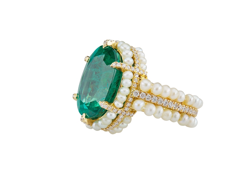 A pearl, emerald and diamond ring from Al Zain's pearl collection.