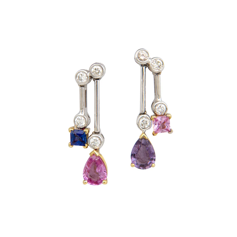 Blue, pink and purple sapphire earrings.