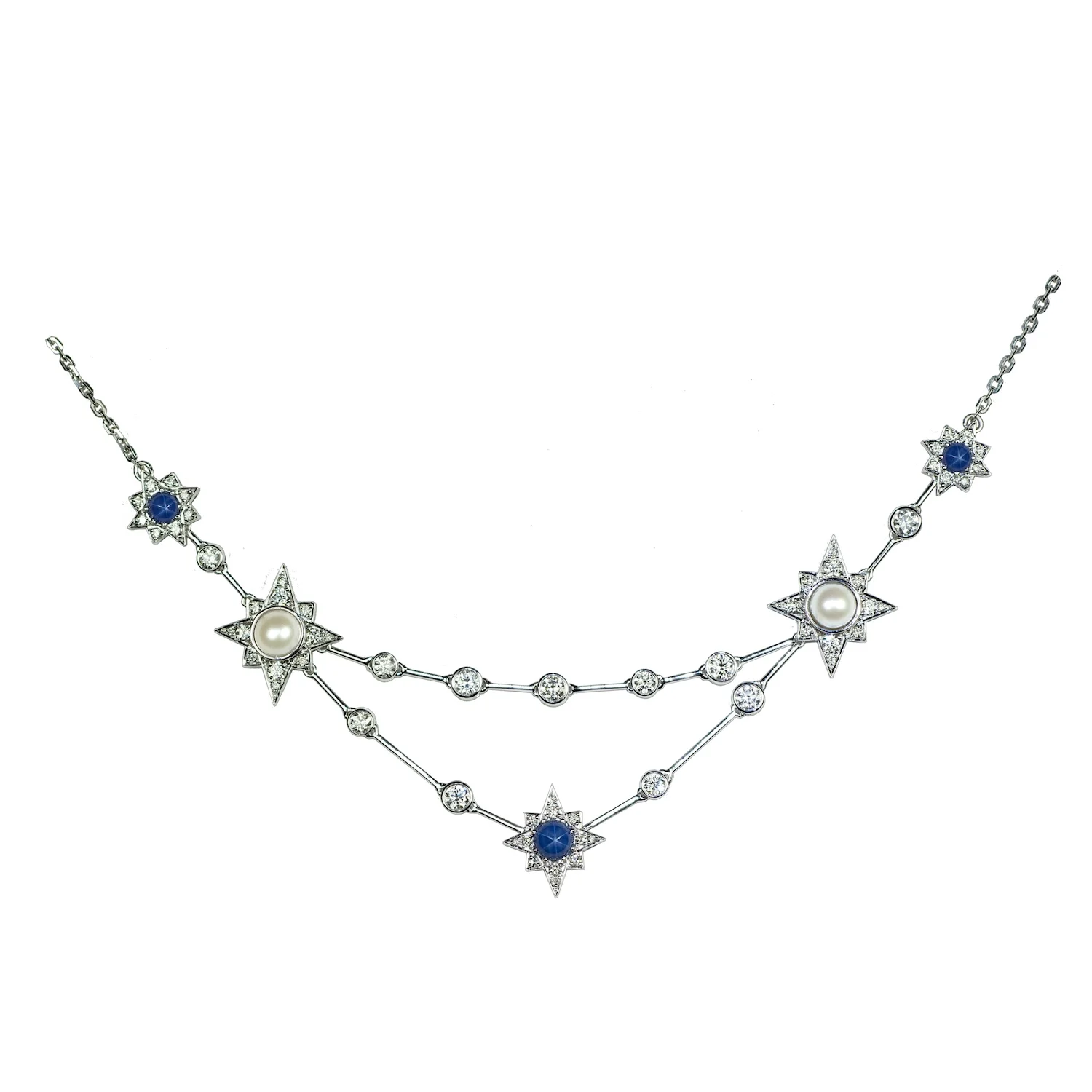 Bespoke Constellation necklace set with pearls, star sapphires and diamonds. Created as an 18th birthday present.