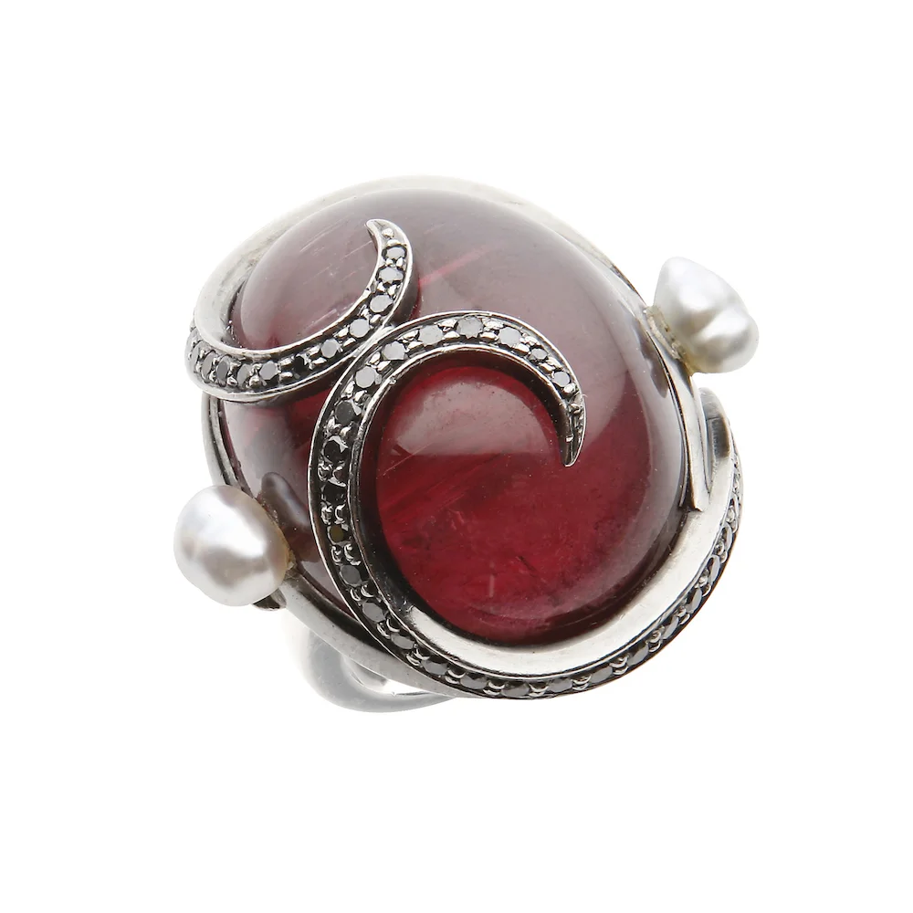 Rubellite, black diamond and pearl ring in black gold.