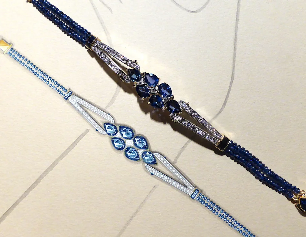 The sapphire and diamond bracelet shown next to its original working drawing in gouache and Chinese ink