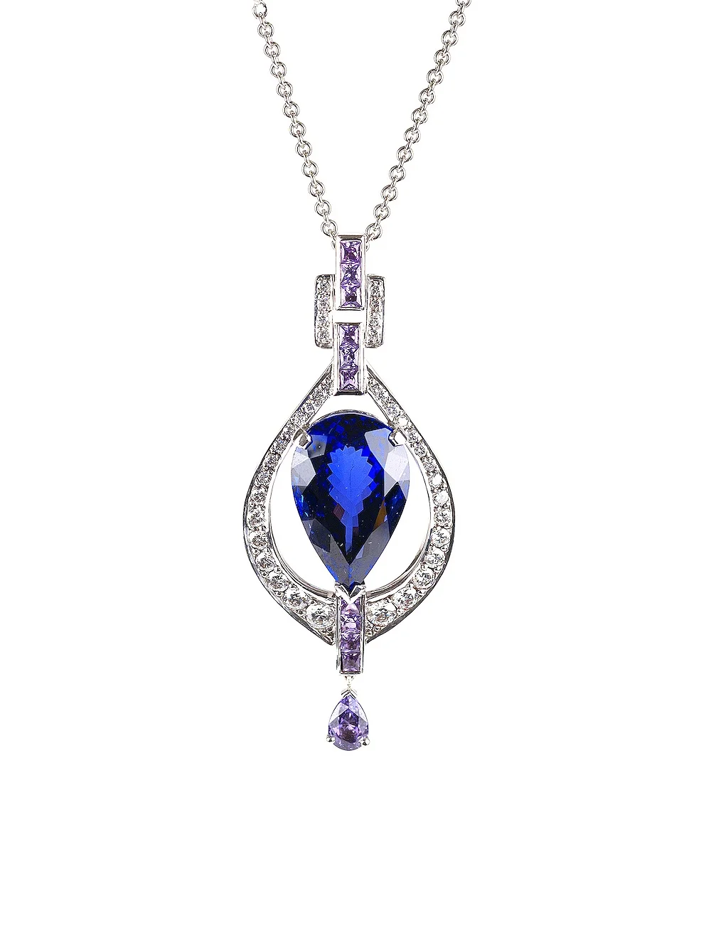 A fine example of a tanzanite, set in white gold with diamonds and embellished with lilac sapphires.