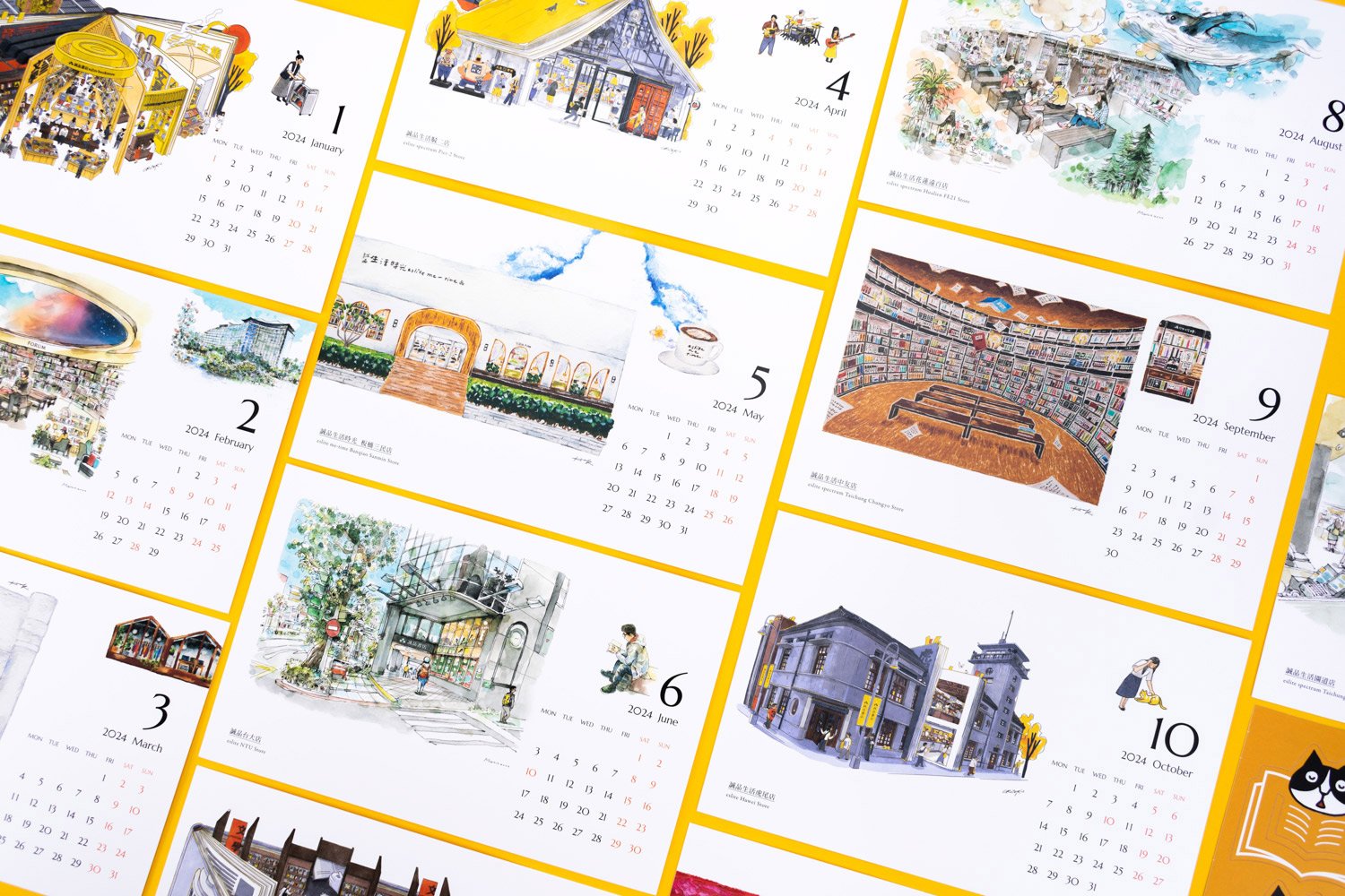 誠品獨家「2024逛書店桌曆」人氣插畫家詮釋 12 家最美書店