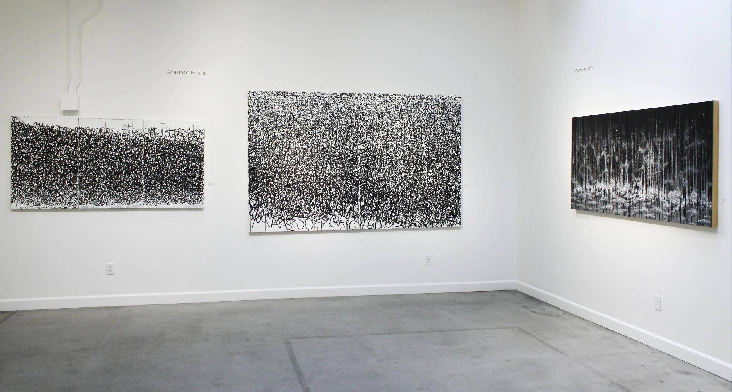 Gallery Installation, Black & White, my pieces are It Can Be that Way & You Are So Beautiful, Slate Contemporary 2017, Oakland Ca. Painting on far right wall by Barbara Kolo
