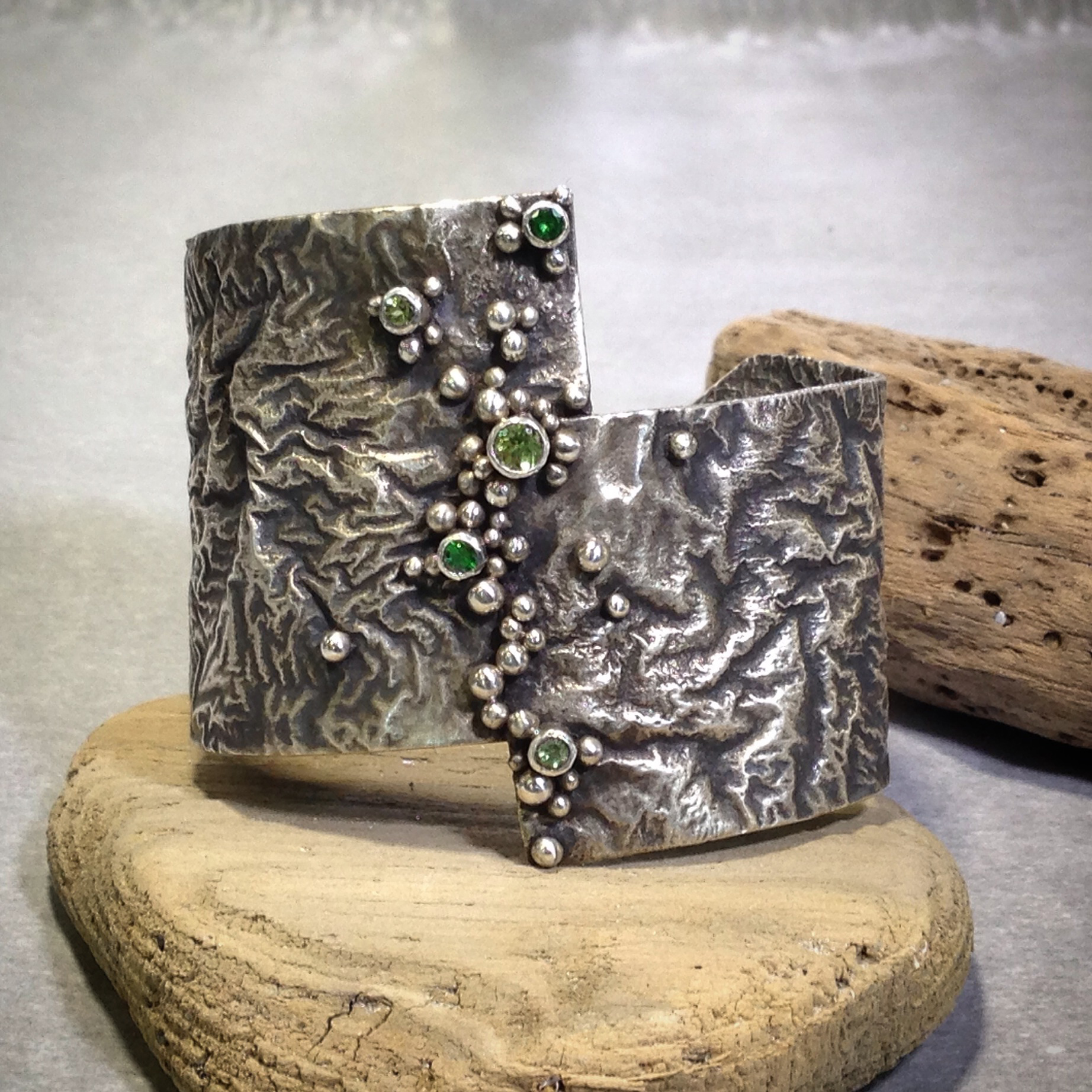 Oxidized Silver Cuff Reticulated with Peridot Tsavorite Garnets