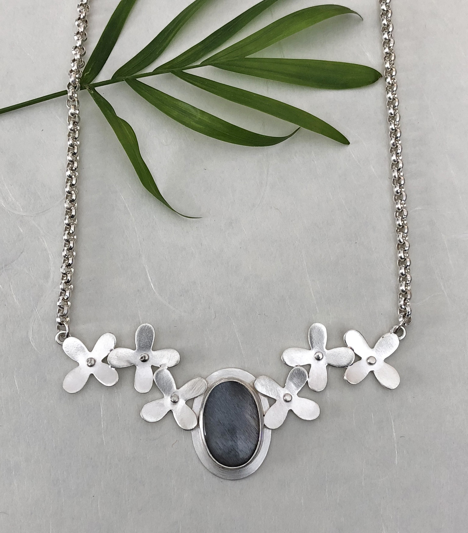Silver hydrangea flower necklace moonstone