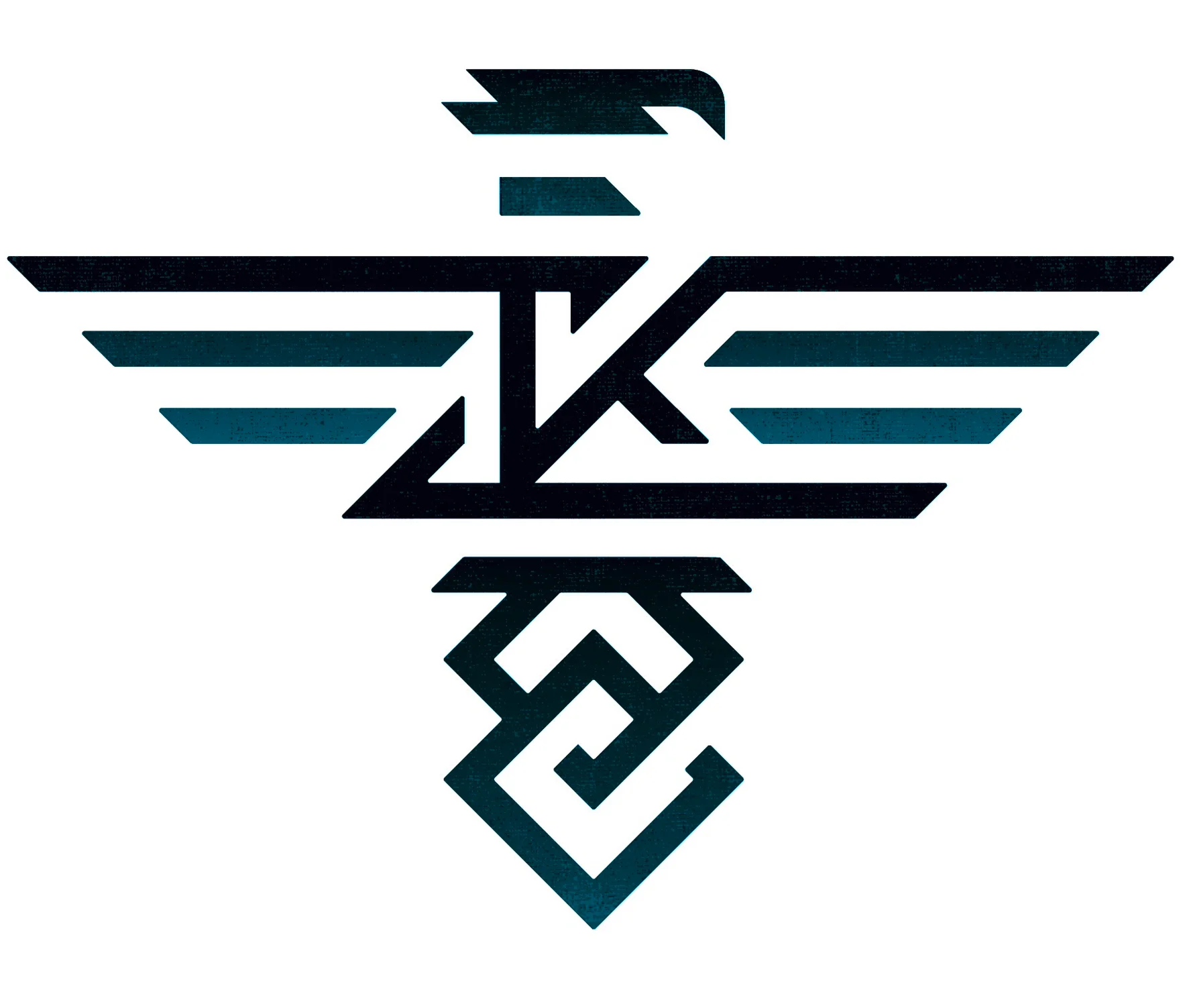 A stylized emblem with the letters 'Z' and 'K' in the center, surrounded by geometric shapes resembling wings and a tail, all in dark blue and teal colors.