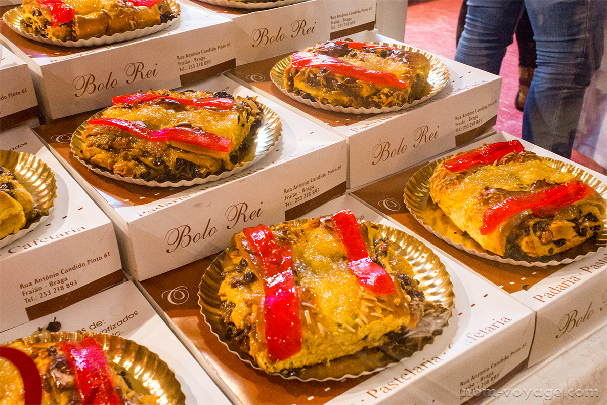 Bolo Rei is pretty similar to New Orleans' King's Cakes and is commonly seen during Christmas and Easter. Usually round, they can actually be any size and shape and tend to have a sweet roll-like texture, with candied fruit, and nuts. 