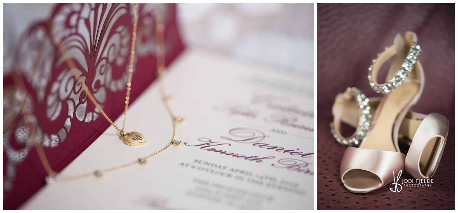 Beautiful bridal necklace with shoes displayed on wedding invitation