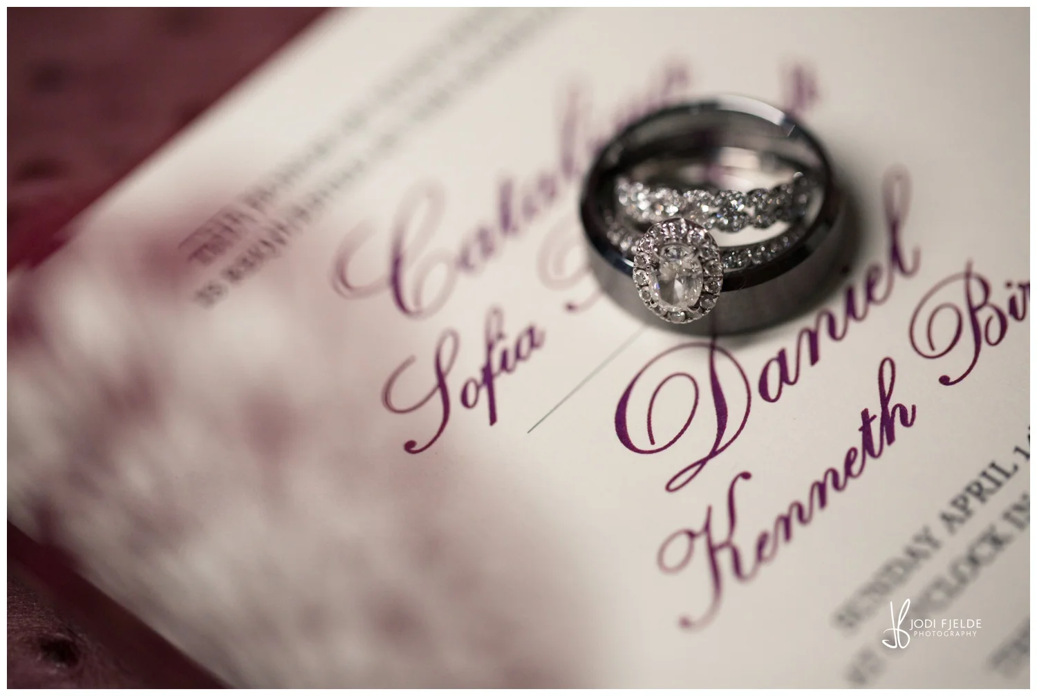 Bride and grooms wedding rings on invitation