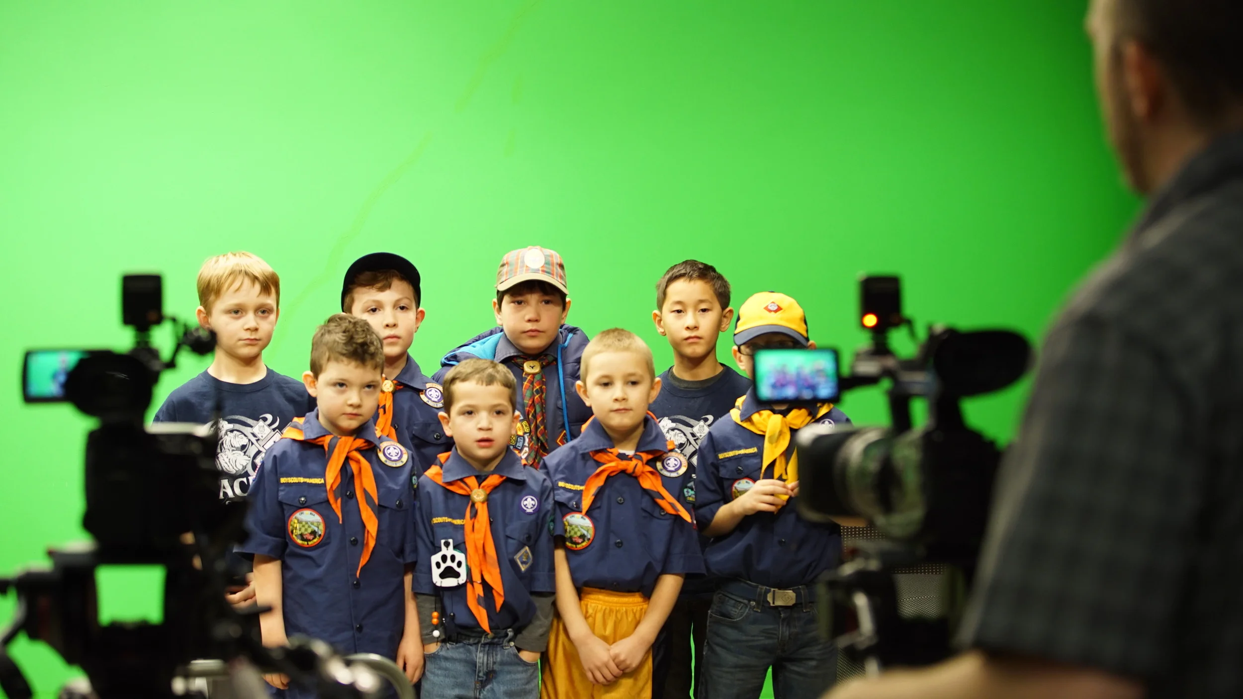 A group of boys scouts record a PSA in CCTV’s studios.