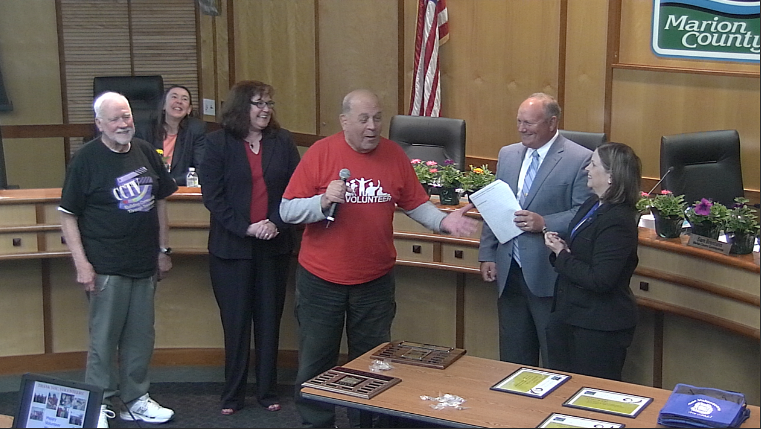 Marion County Commissioners Sam Brentano and Janet Carlson recognize CCTV Volunteers Ed Freydl and Joe Fabbri.