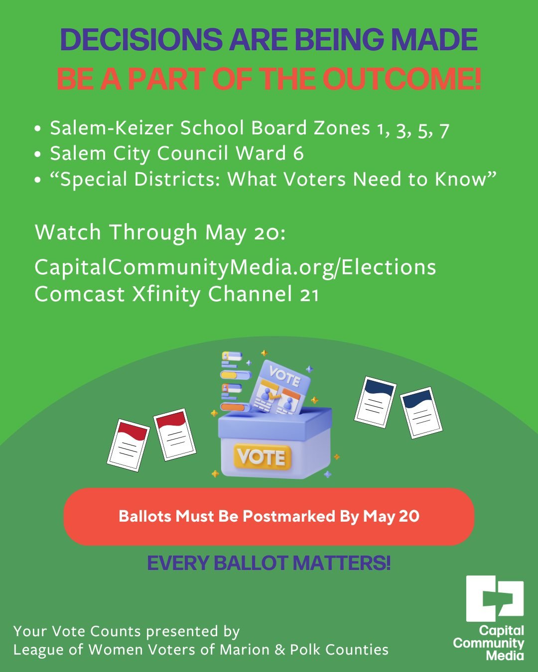 Ballots have been mailed. Become an informed voter! Learn about the candidates and special districts you'll be voting on this month through Your Vote Counts--a voter education service presented by League of Women Voters of Marion and Polk Counties. B