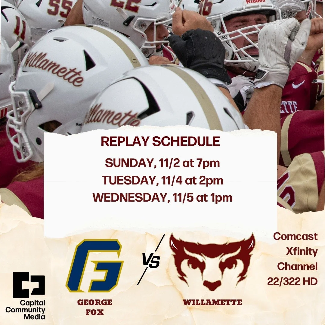 Replays for yesterday's @willamettefb game against George Fox, begin tonight at 7pm on Comcast channel 22/322HD.

Also airs Tuesday, 11/4 at 2pm and Wednesday, 11/5 at 1pm.

Don't have Comcast? You can also see it with our app on Roku, AppleTV, and Y