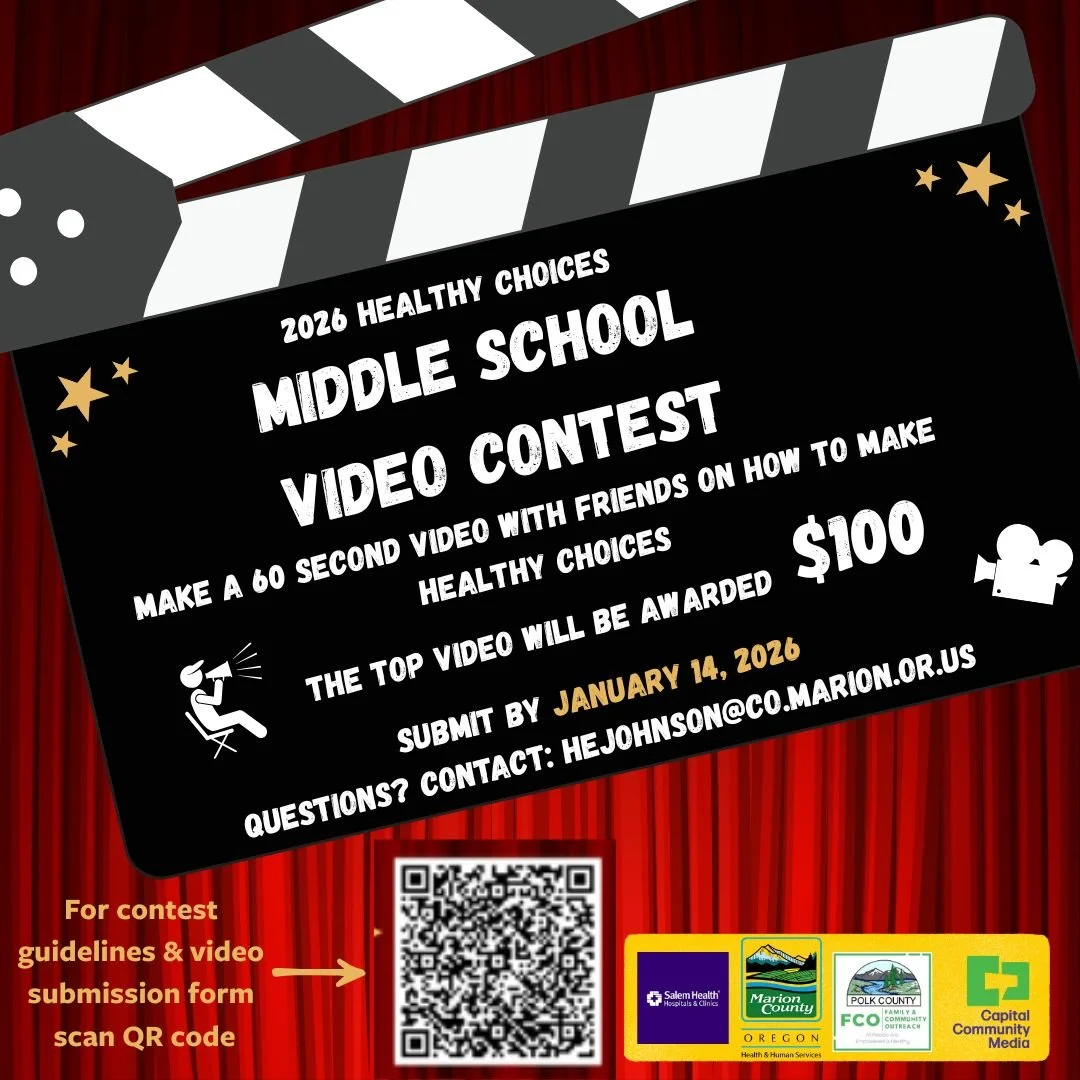 Know a middle schooler in Marion or Polk County? In partnership with @marionhealthpromotion, @polkcountyfco, and @salemhealth, we excitedly promote a Healthy Choices Video Contest!
What once was open to just high schoolers is now available to 6th-8th