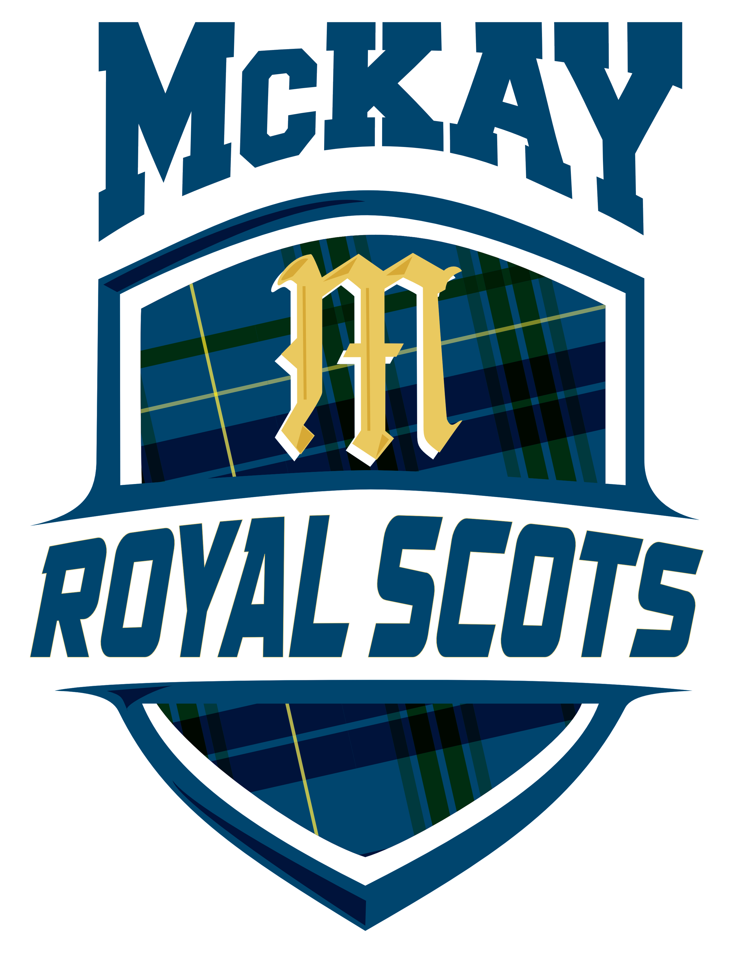 Blue plaid shield with blue words across: "McKay Royal Scots" and a Yellow "M" in the center