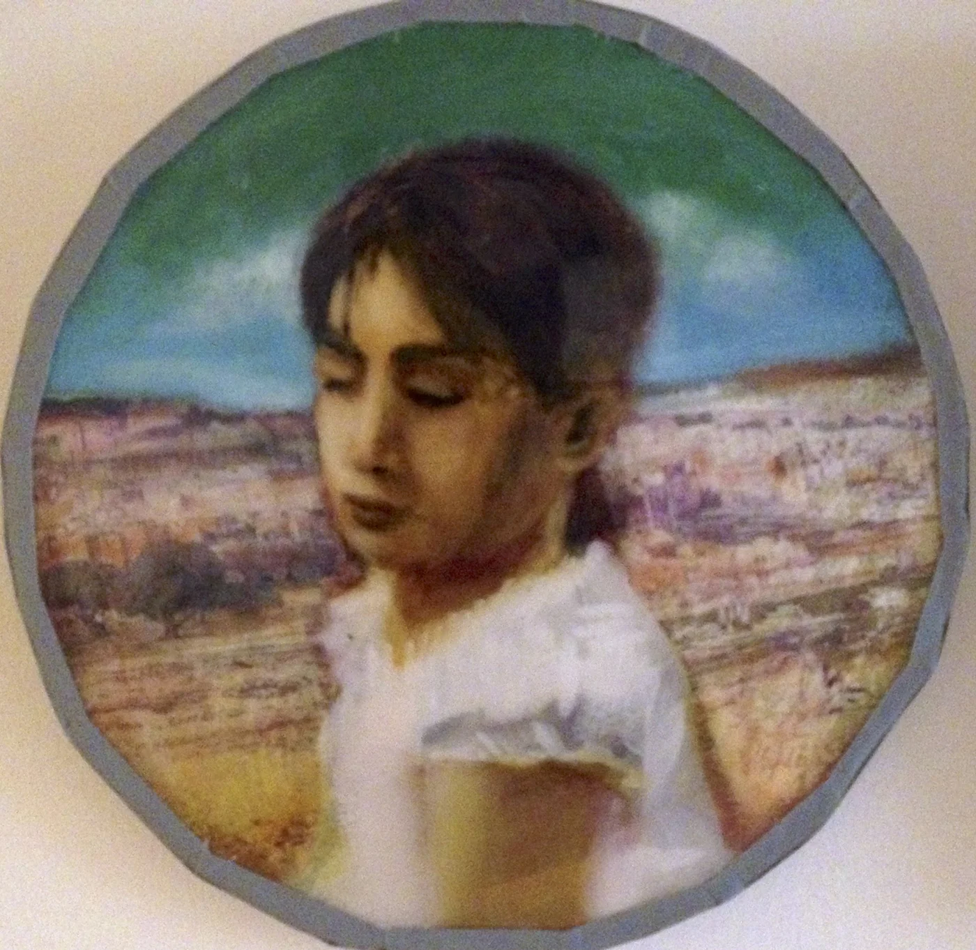 Hebron child(divided View)mixed media on board 30cm diameter.JPG