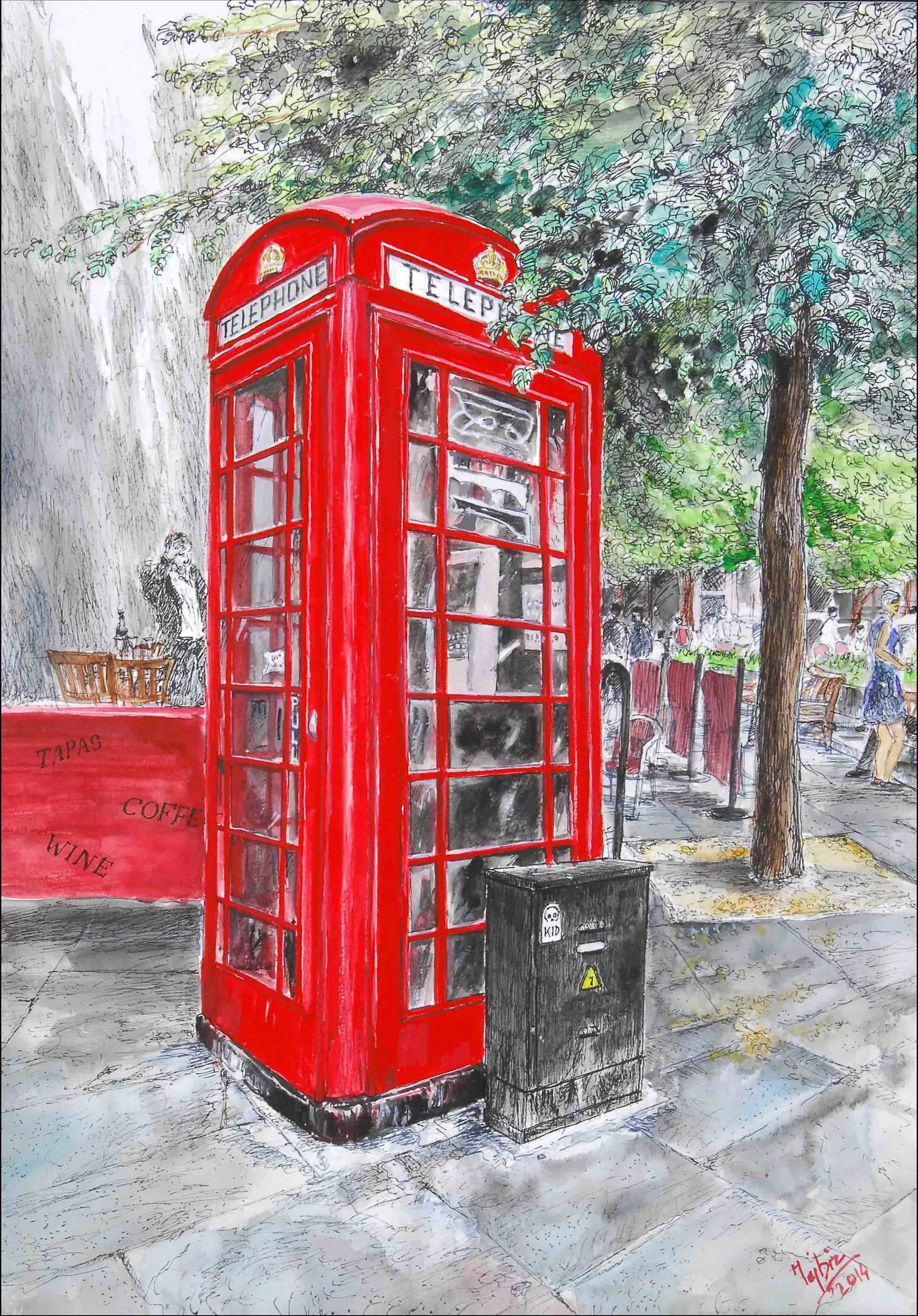 1_Telephone booth, 2014,water poster colours on paper,16''x23'', USD 400-500..jpg