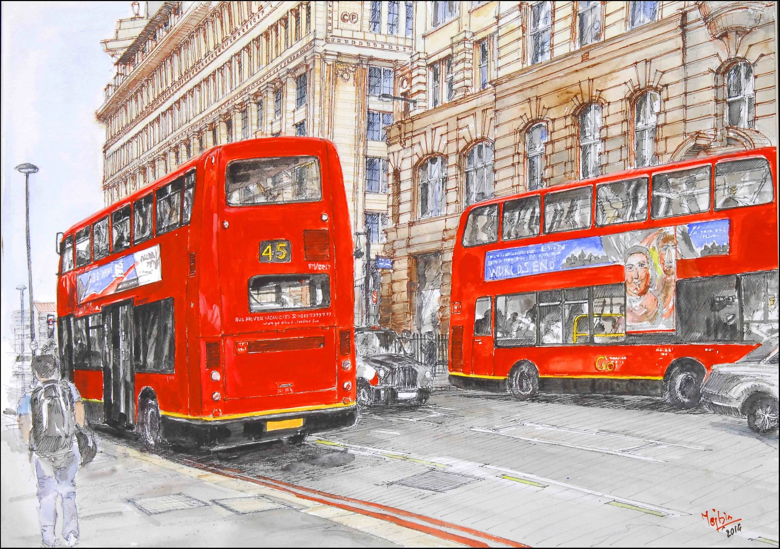 2. Red Buses,2014,water  poster colours on paper,23''x16'',USD 450-550..jpg